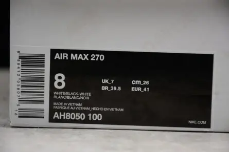 Affordable 8578 NIKE AIR MAX 270 WHITE BLACK AH8050-100 