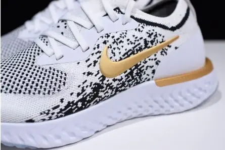 Elegant 7142 Men's Nike Epic React Flyknit White Black-Gold AQ0067-071 