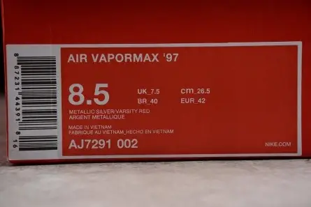 nike mens AIR VAPORMAX 97 "SILVER BULLET" metallic silver varsity red AJ7291-002 AllSeason 4045 